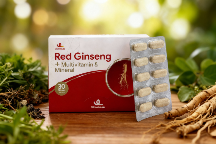 قرص رد جینسینگ در کنار گیاهان طبیعی و ریشه ها